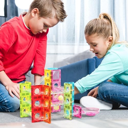 PicassoTiles 60 pc Magnet Tiles Building Block Travel Size Magnetic Marble Run Construction Toy Set Mini Diamond Marble RaceTrack Building Blocks Playset Education STEM Learning Kit Boy Girl 3+ PTMG60 - Image 2