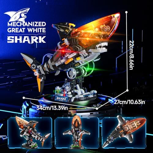 Punk Style Shark Building Set with Light, 1076-PCS Articulated Mechanical Jaws Fish Model with Display Stand, Ocean Predator Kit for Kids 8+ and Adults, Birthday for Marine & Mech Fans - Image 2