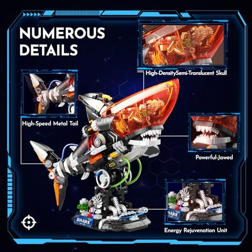 Punk Style Shark Building Set with Light, 1076-PCS Articulated Mechanical Jaws Fish Model with Display Stand, Ocean Predator Kit for Kids 8+ and Adults, Birthday for Marine & Mech Fans - Image 3