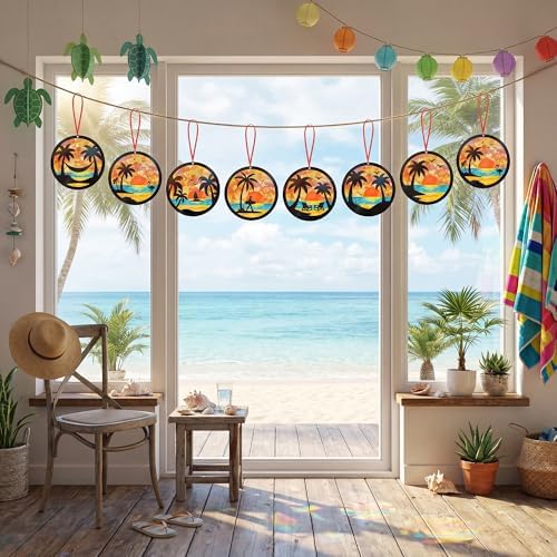 Renbuzhu 48PCS Summer Crafts: Paper Tropical Palm Tree Suncatchers DIY Kits, Window Stained Glass Effect Art Supplies for Hawaiian Luau Tiki Beach Party Favors - Image 3