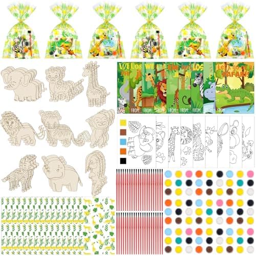 Pasimy 162 Pcs Safari Party Favors Jungle Craft Kits Party Supplies Jungle Animals Wooden Painting Kit Watercolor Cards Wooden Cutouts Goodie Bag for Wild Theme Birthday DIY Project Activities(Safari) by Pasimy