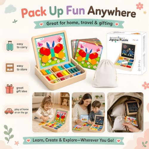 248 Pcs Wooden Magnetic Pattern Block Set with Cards, Pen & Storage Bag, Montessori STEM Tangram Puzzle Toys for Toddlers 4 5 6 7 8, Educational Brain Teaser Gift for Boys Girls - Image 6