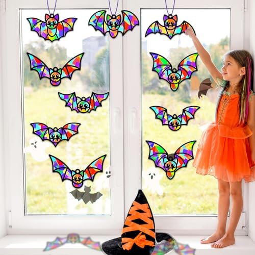 QOUBAI 32 Sets Halloween Bats Suncatchers Craft Kit DIY Window Stained Glass Effect Halloween Bats Paper Crafts Home School Classroom Decoration Kid Birthday Gift Creative Art Project Activity Game - Image 6