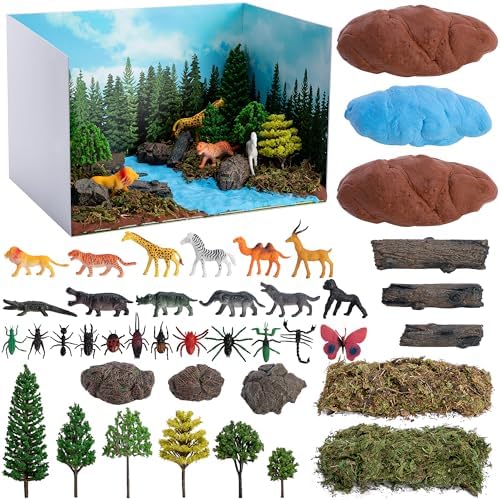 codree 65 Pcs Jungle Diorama Kit Habitat Project Box Set, Cardboard Diorama Box Animals Model Scenery Kit, Animal Figurines Rainforest Diorama Supplies for DIY Crafts Birthday Gifts Party Favor by codree