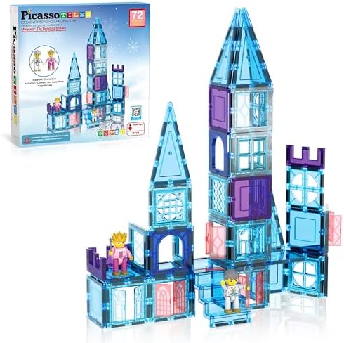 PicassoTiles 72 Piece Magnetic Building Tiles Castle Winter Ice Theme Construction Magnet Block Set with Princess Prince Character Stairs Windows Doors STEM Learning Educational Toy Kids Ages 3+ PT72 by PicassoTiles