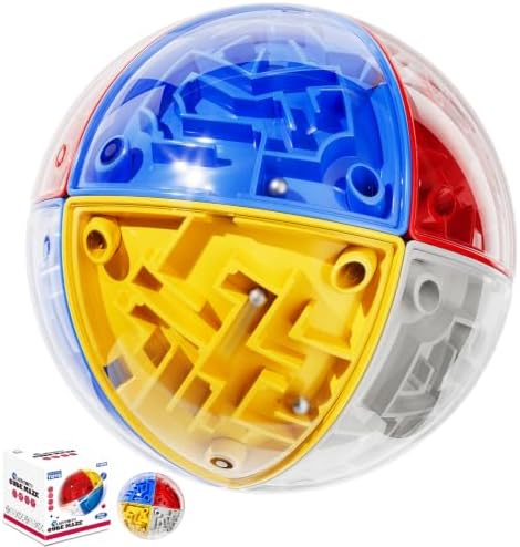 3D Maze Cube Ball Puzzle Brain Teaser for Adults & Kids, Educational Learning Toys Logical Thinking, Family Board Games Tabletop, Durable Puzzle Cube (White&Blue&Red&Yelllow-D, 3.3x3.3x3.3) by Unknown