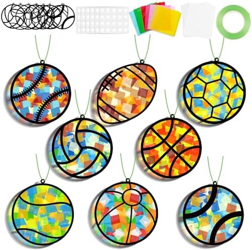 32 Sets Sports Ball Suncatchers Craft Kit DIY Window Stained Glass Effect Football Baseball Basketball Paper Craft Home School Classroom Decoration Kid Birthday Gift Creative Art Project Activity Game by QOUBAI