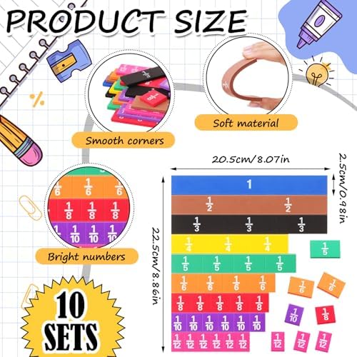 Sayglossy 10 Sets Fraction Set for Math Classroom Fractions Manipulatives Math Manipulatives for Home School Supplies (Tiles) - Image 2