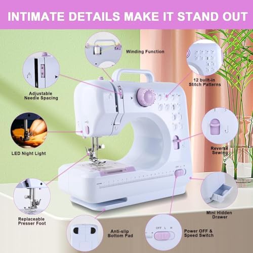 Sewing Machine for Beginners & Kids, Mini Portable Sewing Machines with 12 Built-in Stitch Patterns, 2-Speed Foot Pedal, Perfect for Teaching Daughter to Sew(with 27 Pieces Sewing Kit & Cover) - Image 3