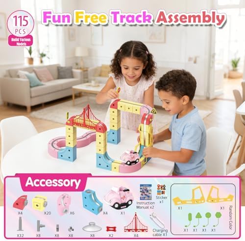 DEGIDEGI Electric Train Set for Kids, 115PCS Pink Anti-Gravity 3D Race Track with LED Light-Up Motorized Car, Magnetic Modular Building Kit, STEM Educational Toy Gift for Boys Girls Ages 3-8 - Image 3