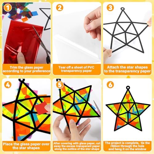 QOUBAI 32 Sets Stars Suncatchers Craft Back to School DIY Stained Glass Window Patriotic 4th of July Paper Craft Home School Classroom Decor Kid Birthday Gift Creative Art Activity Game - Image 3