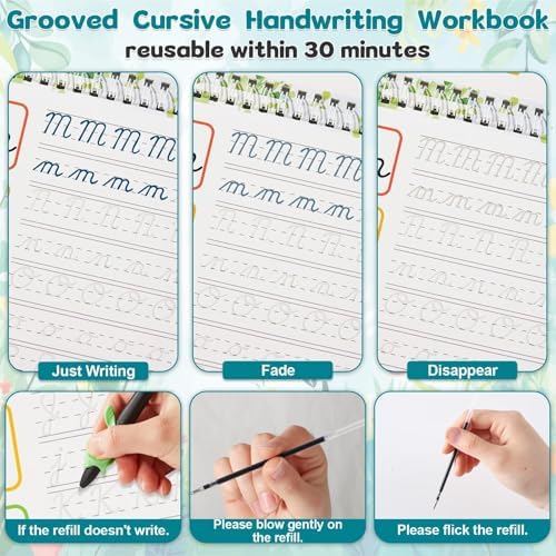 gisgfim 4 Pack Grooved Cursive Handwriting Workbook Kit Magic Reusable Grooved Handwriting Practice with Disappearing Ink Pens Cursive Kickoff Student Workbook for Kids Words Letters Sentences Reading - Image 4