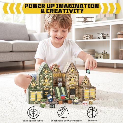 Bmag 109 PCS Military Magnetic Tiles Set, Army STEM Building Toys, Camo Printed Construction Blocks, Educational Play Gifts for Boys Girls Ages 3-12 - Image 4