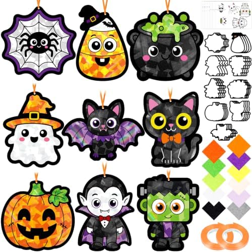 48PCS Halloweens Crafts Bulk: Ghosts Pumpkins Paper Suncatchers DIY Kit Party Activities Decorations, Window Stained Glass Effect Art Supplies by Renbuzhu