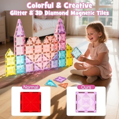 WMXDU Large Pastel Magnetic Tiles: Glitter Diamond Castle Building Set - Image 6