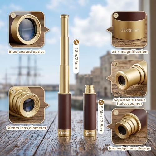 Retro Pirate Telescope Zoomable 25x30 Pocket Monocular Portable Collapsible BAK-4 Lens Captain Jack's Spyglass Handheld Telescope Vintage Telescope for Kids - Image 4