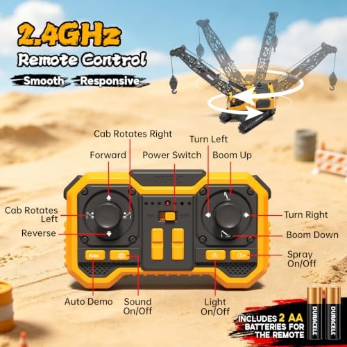 Jiakora Remote Control Crane Toy, 2.4GHz 12 Channel 1:18 RC Construction Crawler Crane with Metal Hook, Lights, Sound & Spray Function, 2 Batteries, Birthday Gift for Kids Boys Girls Ages 3-5 4-7 8-12 - Image 6