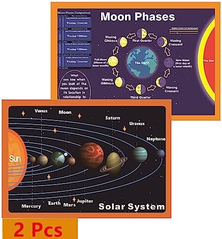 SANTSUN 2 Pcs of Solar System Poster&Moon Phases Chart|for Kids Back to School Supplies, Preschool, Kindergarten, Elementary|Educational Charts and Decor for Classroom-17”x24” by SANTSUN