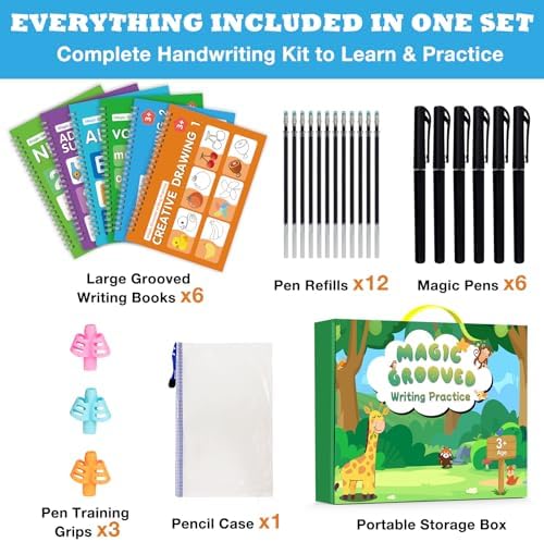 Magic Grooved Writing Practice Book for Kids Ages 3–8, 6 Reusable Handwriting Practice Books with 6 Pens, 12 Refills, 3 Soft Grips, Preschool Learning Activities Gifts for Boys and Girls - Image 2