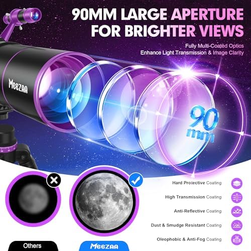 MEEZAA Telescope, Telescope for Adults High Powered, 90mm Aperture 550mm Portable Refractor Telescopes for Kids & Astronomy Beginners Stargazing with Tripod, Phone Adapter, Carry Bag & Moon Filter - Image 2