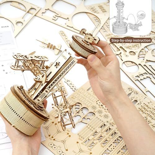 ROKR 3D Wooden Puzzle for Adults Airplane Tower Music Box - DIY Mechanical Model Building Kit 10", Birthday Gifts for Men/Women/Parents/Family - Image 4
