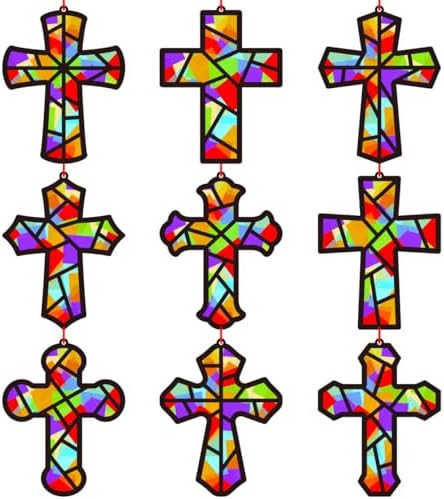Renbuzhu 48PCS Sunday School VBS Crafts Bulk: Paper Cross Nativity Suncatchers, Jesus Religious Christian Activity DIY Kits Church Decorations, Window Stained Glass Effect Art Supplies by Renbuzhu