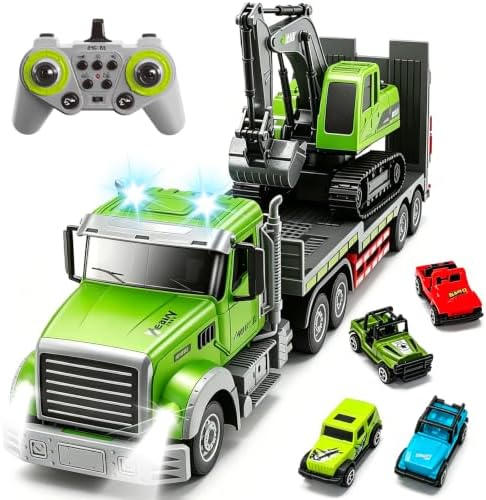 Fistone RC Semi-Trailer Truck & Excavator Toy Set, 1:12 Scale with Sound and Lights, 2.4Ghz Remote Control Flatbed Truck and Excavator Toys for Boys 6-12 Years Old by Fistone