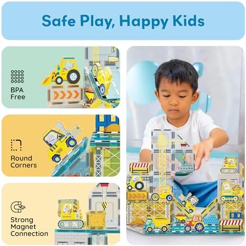 PicassoTiles Magnet Tiles Magnetic Building Blocks with 8 Construction Vehicles Crank Truck Excavator Bulldozer Road Roller Concrete Mixer Tractor Dump Truck Forklift Toys Learning Kids Ages 3+ PTQ11 - Image 6