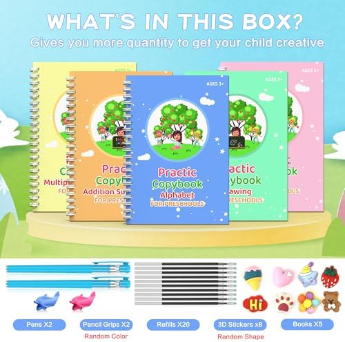 WANFRES Magic grooved Writing Practice Books Great for Beginners, 5 Books, 2 pens, 2 Pencil Grips, 20 Refills. grooved Handwriting Practice for Kids 3-10, Reusable grooved Handwriting workbooks. - Image 2