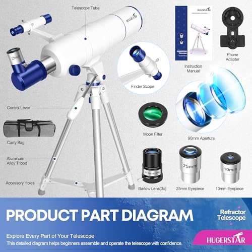 Telescope for Adults High Powered, 90mm Aperture 550mm Portable Refractor Telescope for Kids & Astronomy Beginners, Professional Telescopes with Tripod, Phone Adapter, Moon Filter, Carry Bag - Image 6