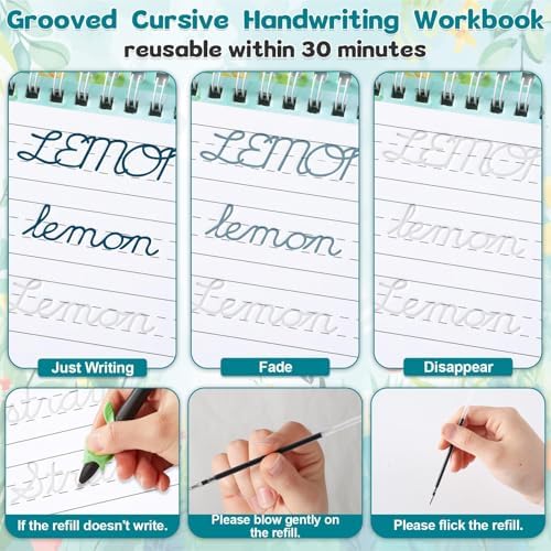 gisgfim Grooved Cursive Handwriting Workbook Magic Reusable Grooved Cursive Handwriting Practice Guided Tracing with Disappearing Ink Pens for Beginners Kids Learning Activities Supplies (Words) - Image 4