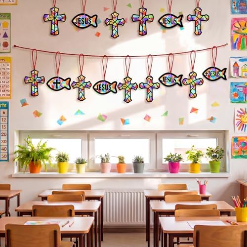 Renbuzhu 48PCS Sunday School VBS Crafts Bulk: Paper Cross Fish Nativity Suncatchers, Jesus Religious Christian Activity DIY Kits Church Decorations, Window Stained Glass Effect Art Supplies - Image 2