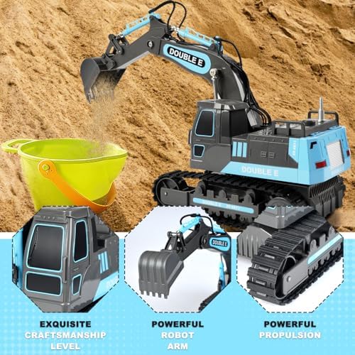 DOUBLE E Remote Control Excavator Toy RC Excavators Rechargeable Battery Digger Hydraulic Construction Toys Vehicles Xmas Gift for Boys Girls Kids 3-14 Years，Gray-Blue - Image 4