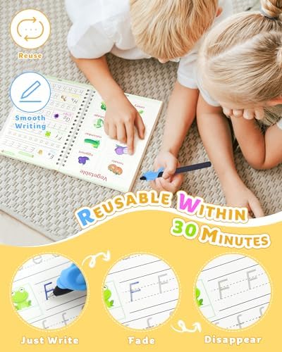 Magic Practice Copybook, Reusable Writing Practice Book, Handwriting Aid for Preschool Kids Age 3-8 (4 Books with Pens) - Image 3