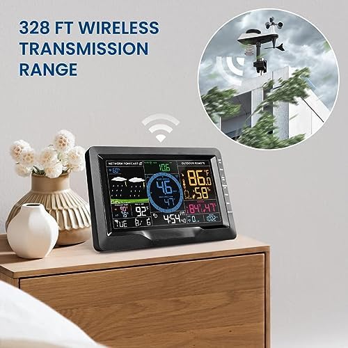 Indoor Outdoor Weather Stations, Indoor Outdoor Thermometer, Professional Digital Thermometer Weather Station, Wind Speed and Direction，Color Display Atomic Clock with Rain Gauge - Image 3