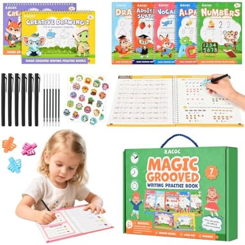 Magic Grooved Writing Practice for Kids Ages 3-8, 7 Reusable Large Books by RACOC