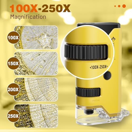 100x-250x Pocket Microscope for Kids Adults, Protable Handheld Miniscope, Mini Microscope Kit for Kids Adults Home School Lab Biology Science Education, Yellow - Image 2