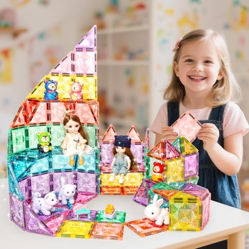 WMXDU Large Pastel Magnetic Tiles: Glitter Diamond Castle Building Set - Image 3