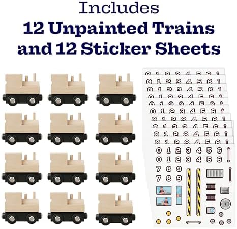 12 Pcs Unpainted Wooden Train And Stickers - Craft Kit – Magnetic Engines with 12 Sticker Sheets – Compatible with All Major Wooden Railway Brands – Art Project for Kids & Birthday Party Favors - Image 2