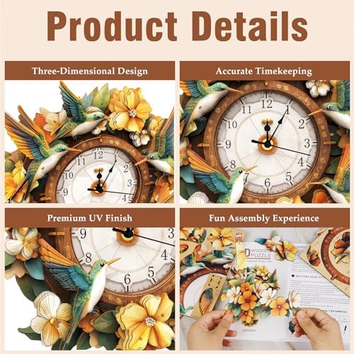 KAAYEE 3D Puzzles for Adults Hummingbird Clock Bird Wooden Puzzle DIY Craft - Image 2
