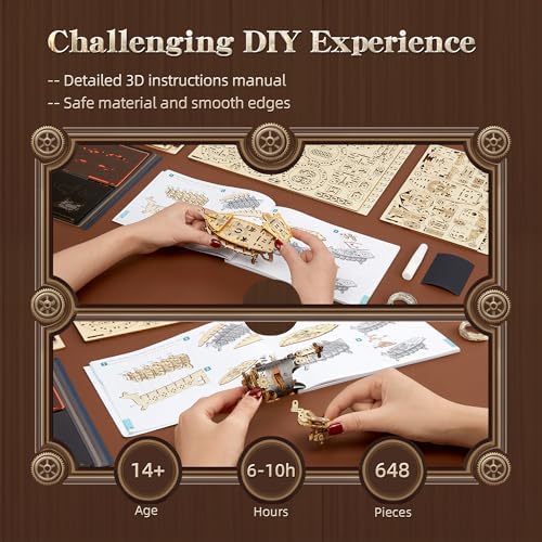 FUNPOLA LED 3D Wood Puzzle Fantasy Airship Model - Steampunk DIY Craft Kit with LED Lights – Intricate Wooden Airship Model Building Set for Adults(Gray) - Image 4