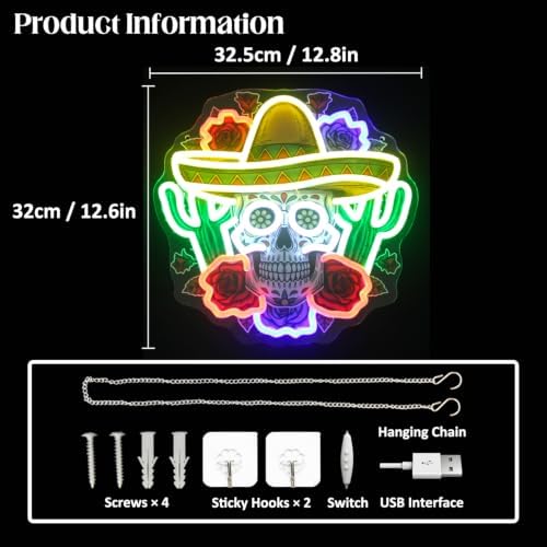 Mexican Sugar Skull Neon Light Sombrero Hat Cactus Roses LED Signs for Wall - Image 3
