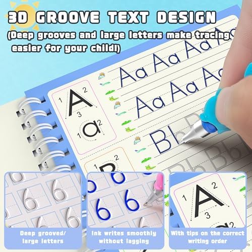 Grooved - 4 children's magic copybooks, Four-in-one pink pencil case set, magic grooved writing practice for kids, magic disappearing writing practice, grooved handwriting practice for kids. - Image 6