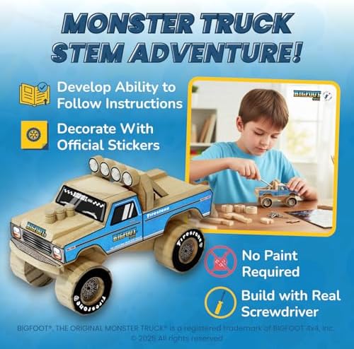 DIY Bigfoot 1 Monster Truck Wooden Kit w/Stickers (Small 5")- Officially Licensed Kids Building Kit - Wood Building Kits for Kids & Stem Toys for Ages 5-8 Years - Arts & Crafts Kits for Children - Image 5