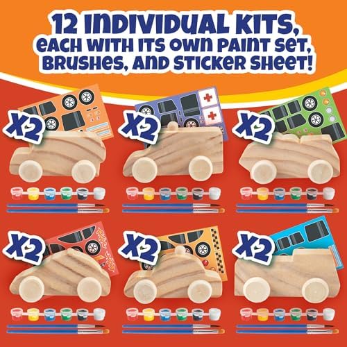 Kids Paint Your Own Wooden Car Craft Kits (12 Pack) – DIY Wood Painting Art Kits, Individually Wrapped w Paint, Brush & Bonus Decal Stickers – Party Favors, Classroom Crafts, Bulk Kids Activities - Image 3