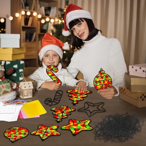 QOUBAI 32 Sets Christmas Theme Suncatchers Craft Kit DIY Window Stained Glass Effect Christmas Theme Paper Crafts Home School Classroom Decoration Kid Birthday Gift Creative Art Project Activity Game - Image 6
