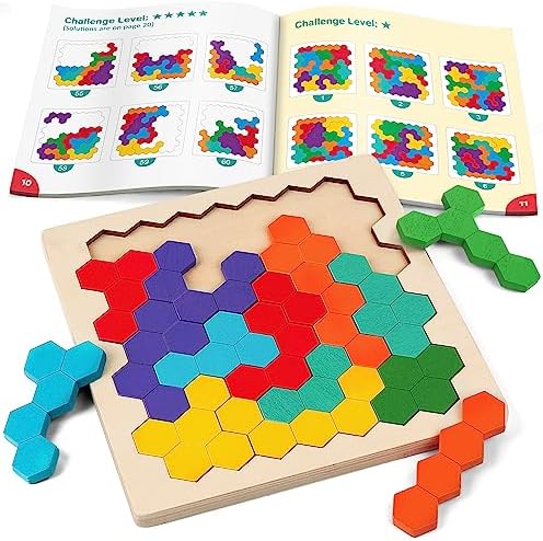 Coogam Wooden Tangram Puzzle, Color Shape Pattern Jigsaw Brain Teasers 3D Logic IQ Game Geometric Blocks Montessori STEM Educational Toys Gift for All Age by Coogam