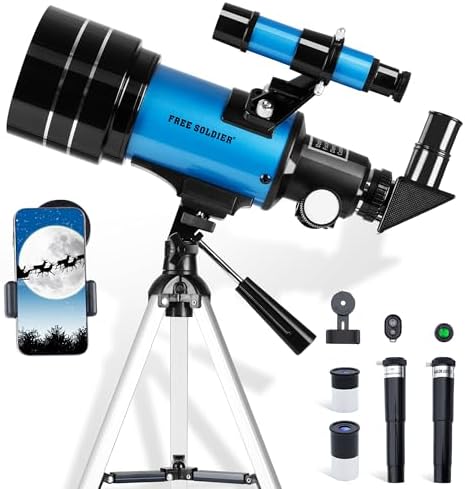 Telescope for Adults Astronomy 70mm Aperture 300mm Focal Length Portable Astronomical Telescope for Beginners Age Over 8 Years Old with Wireless Remote Carry Bag Tripod (Blue) by FREESOLDIER