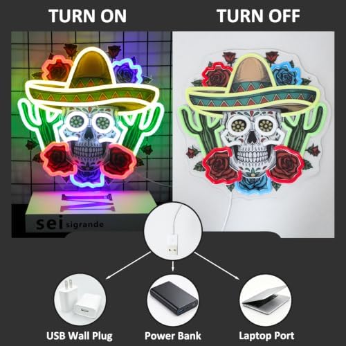 Mexican Sugar Skull Neon Light Sombrero Hat Cactus Roses LED Signs for Wall - Image 2