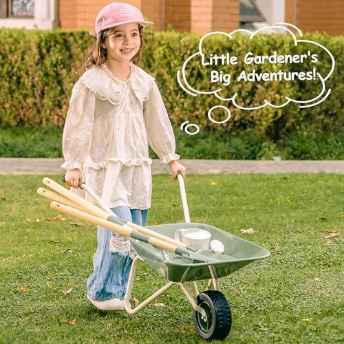 ROBUD Kids Wheelbarrow with Gardening Tools Set, Educational Kids Gardening Set with Kid Wheelbarrow, Toddler Gardening Set, Watering Can, Plant Labels, for Ages 3+ Boys Girls(Green) - Image 6